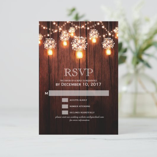Mason jar string licht houten bruiloft RSVP (Staand voorkant)