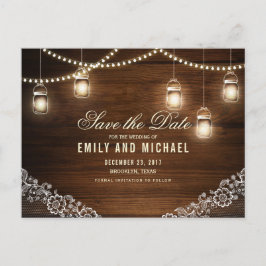 Mason jar string licht kant rustiek save the date aankondigingskaart