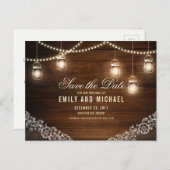 Mason jar string licht kant rustiek save the date aankondigingskaart (Voorkant / Achterkant)