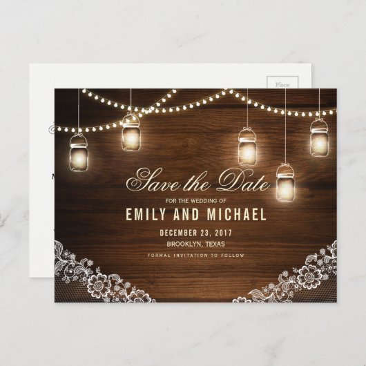 Mason jar string licht kant rustiek save the date aankondigingskaart (Voorkant / Achterkant)