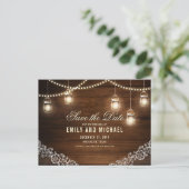 Mason jar string licht kant rustiek save the date aankondigingskaart (Staand voorkant)