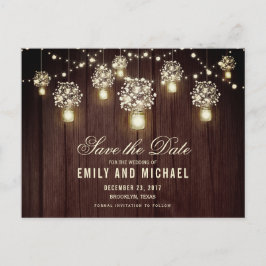 Mason jar string licht kant rustiek save the date aankondigingskaart