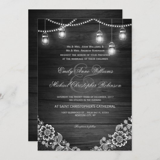 Mason jar string lichte kant rustieke houten bruil kaart (Voorkant / Achterkant)