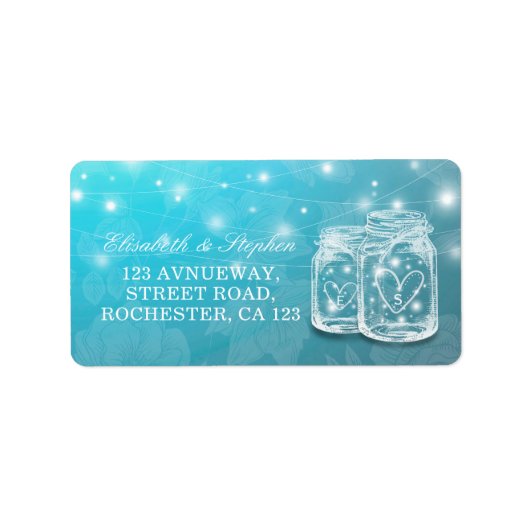 Mason Jar String Light Blue Floral Wedding Address Etiket (Voorkant)