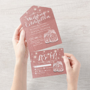 Mason Jar String Light Pink Roos Gold Wedding RSVP All In One Uitnodiging