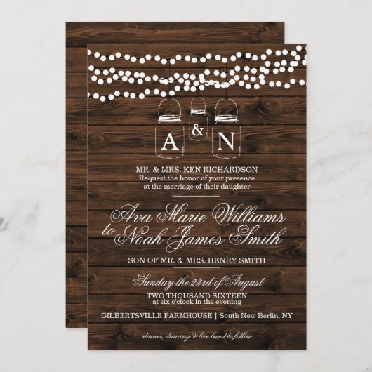 Mason Jar String Light Wedding Invitation Kaart (Voorkant / Achterkant)
