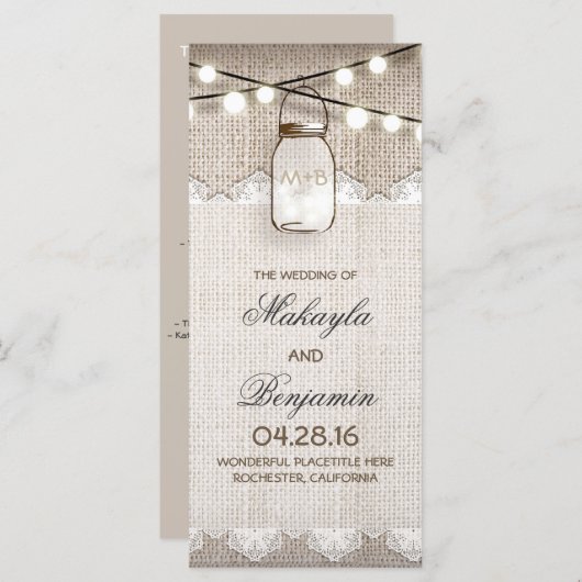 Mason Jar String Lights Burlap Wedding Programma's (Voorkant / Achterkant)