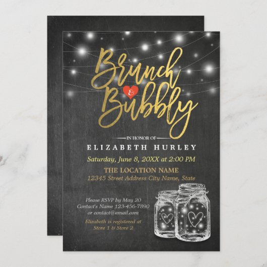 Mason Jar String Lights Chalkboard Brunch & Bubble Kaart (Voorkant / Achterkant)