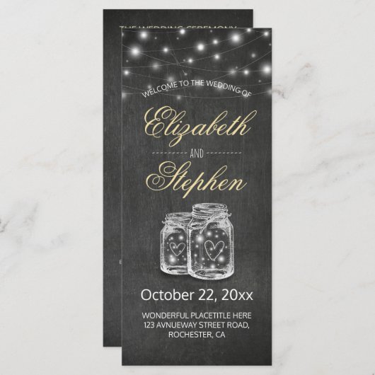Mason Jar String Lights Chalkboard Wedding Program Programmakaart (Voorkant / Achterkant)
