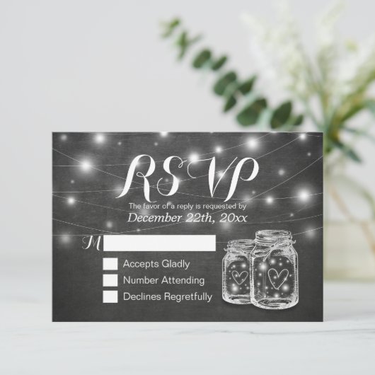 Mason Jar & String Lights Chalkboard Wedding RSVP (Staand voorkant)