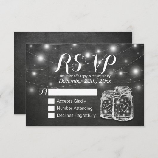 Mason Jar & String Lights Chalkboard Wedding RSVP (Voorkant / Achterkant)