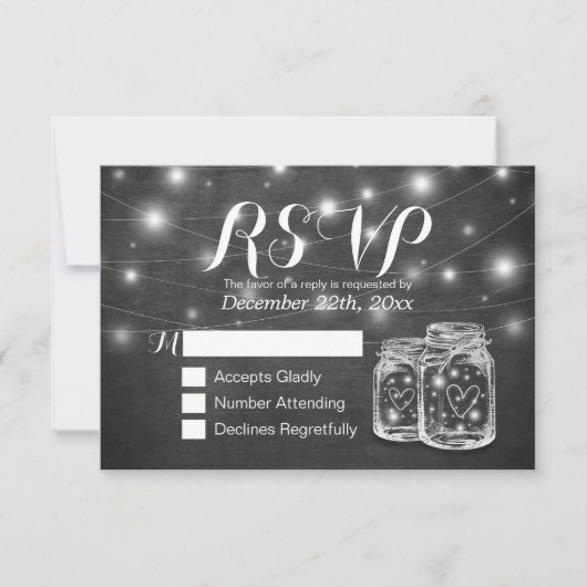 Mason Jar & String Lights Chalkboard Wedding RSVP Kaartje (Voorkant)