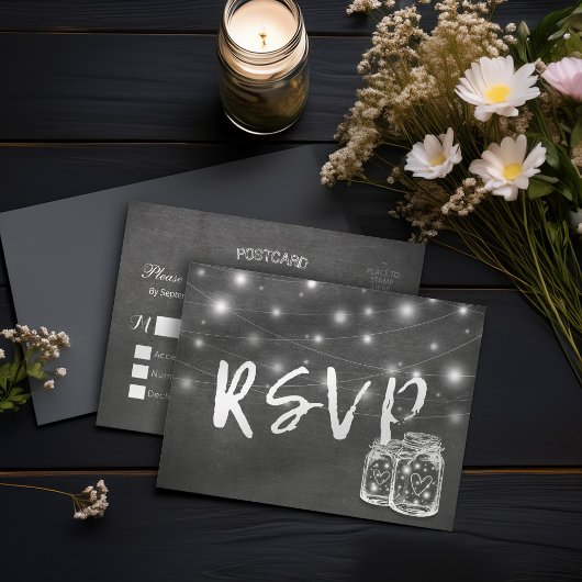 Mason Jar & String Lights Chalkboard Wedding RSVP Uitnodiging Briefkaart