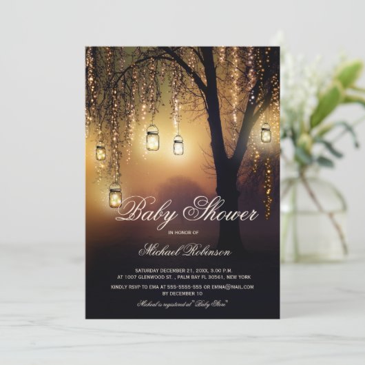 Mason Jar String Lights Elegant Rustic Baby shower Kaart (Staand voorkant)