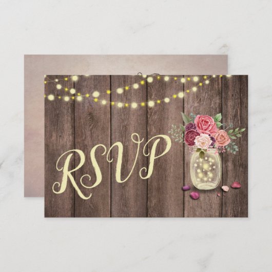 Mason Jar String Lights Floral RSVP Kaartje (Voorkant / Achterkant)