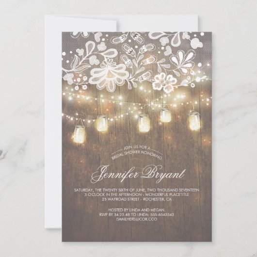 Mason Jar String Lights Kant Hout Vrijgezellenfees Kaart (Voorkant)