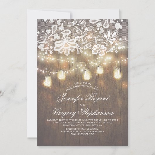 Mason Jar String Lights Lace Engagement Party Kaart (Voorkant)