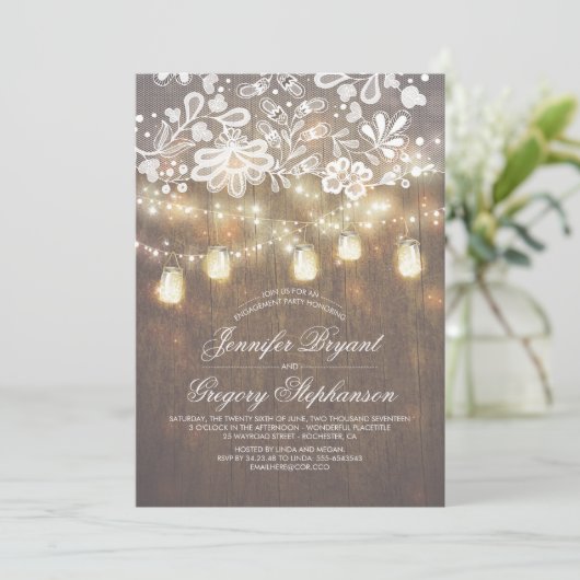 Mason Jar String Lights Lace Engagement Party Kaart (Staand voorkant)