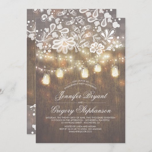 Mason Jar String Lights Lace Engagement Party Kaart (Voorkant / Achterkant)