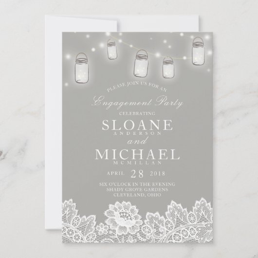Mason Jar String Lights Lace Grey Engagement Party Kaart (Voorkant)