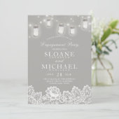 Mason Jar String Lights Lace Grey Engagement Party Kaart (Staand voorkant)