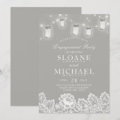 Mason Jar String Lights Lace Grey Engagement Party Kaart (Voorkant / Achterkant)