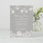 Mason Jar String Lights Lace Grey Rehearsal Dinner Kaart (Staand voorkant)