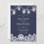 Mason Jar String Lights Lace Navy Blue Wedding Kaart (Voorkant)