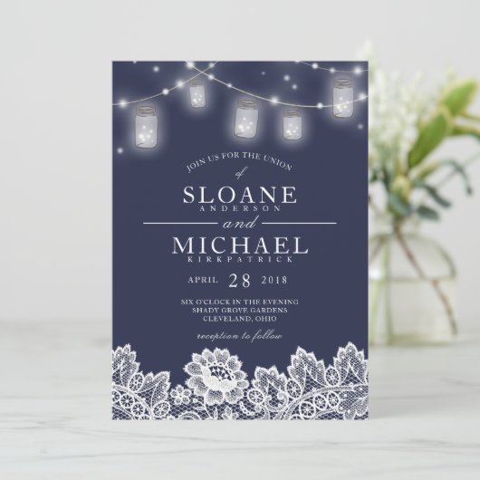 Mason Jar String Lights Lace Navy Blue Wedding Kaart (Staand voorkant)