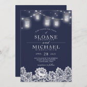 Mason Jar String Lights Lace Navy Blue Wedding Kaart (Voorkant / Achterkant)