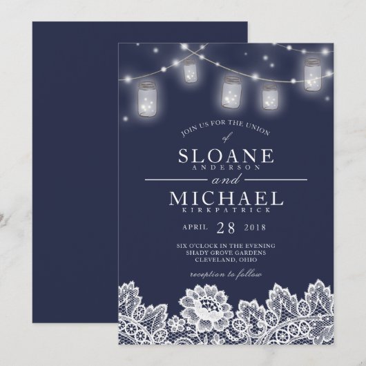 Mason Jar String Lights Lace Navy Blue Wedding Kaart (Voorkant / Achterkant)