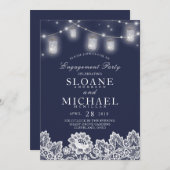 Mason Jar String Lights Lace Navy Engagement Party Kaart (Voorkant / Achterkant)