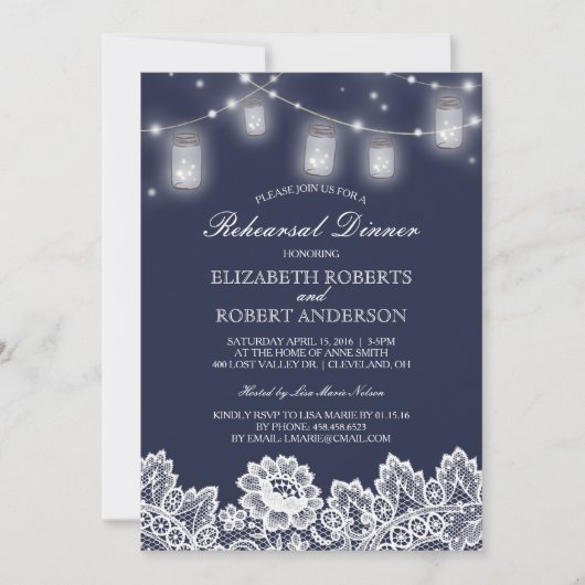 Mason Jar String Lights Lace Navy Rehearsal Dinner Kaart (Voorkant)