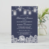 Mason Jar String Lights Lace Navy Rehearsal Dinner Kaart (Staand voorkant)