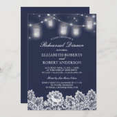 Mason Jar String Lights Lace Navy Rehearsal Dinner Kaart (Voorkant / Achterkant)