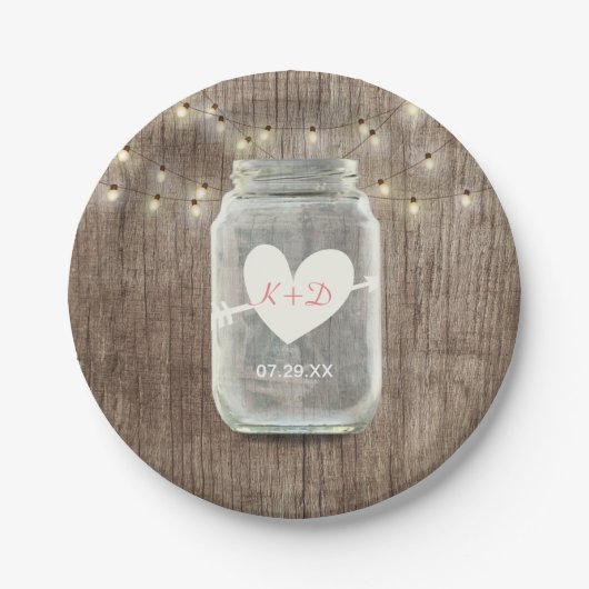 Mason Jar & String Lights Rustic Barn Wood Wedding Papieren Bordje (Voorkant)