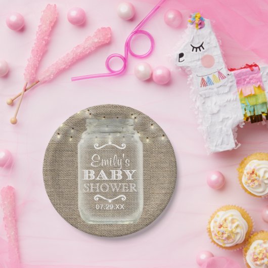 Mason Jar String Lights Rustic Burlap Baby shower Papieren Bordje (Feest)