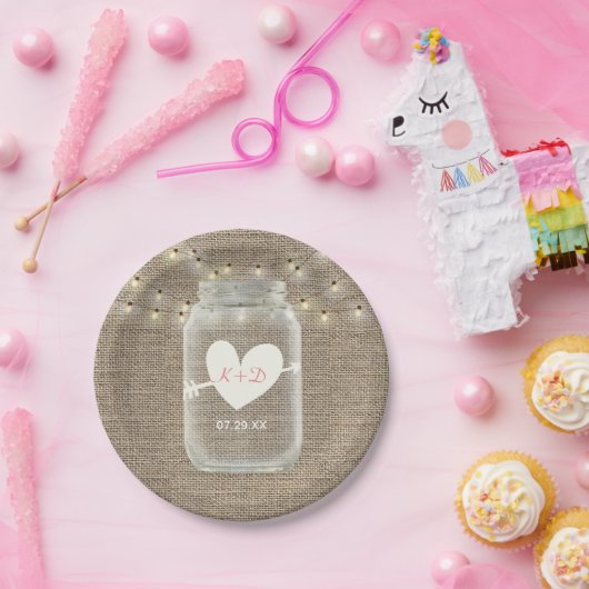 Mason Jar & String Lights Rustic Burlap Wedding Papieren Bordje (Feest)