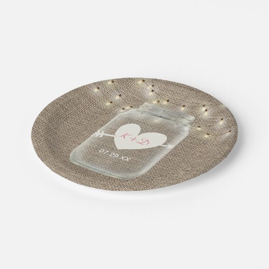 Mason Jar & String Lights Rustic Burlap Wedding Papieren Bordje (Gekanteld)