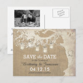 Mason Jar String Lights Rustic Tree Save the Date Aankondigingskaart (Voorkant / Achterkant)