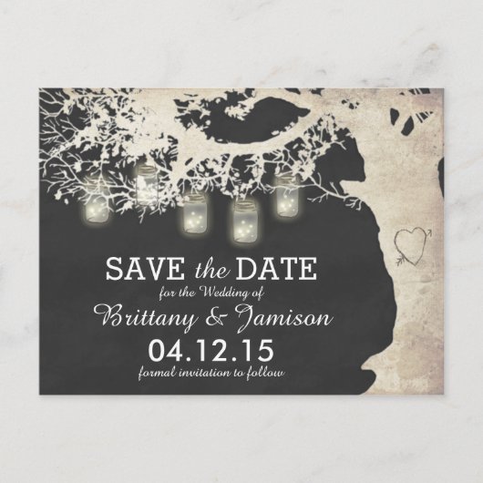 Mason Jar String Lights Rustic Tree Save the Date Aankondigingskaart (Voorkant)