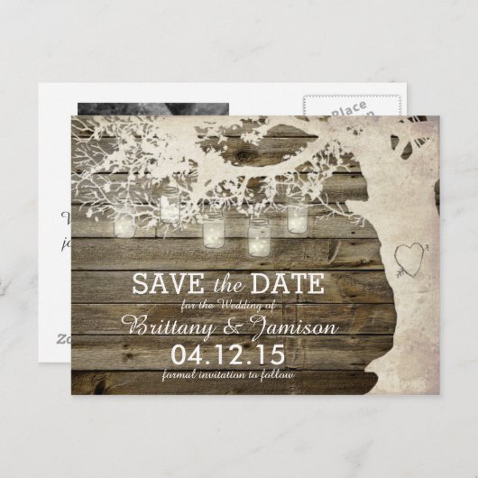 Mason Jar String Lights Rustic Tree Save the Date Aankondigingskaart (Voorkant / Achterkant)