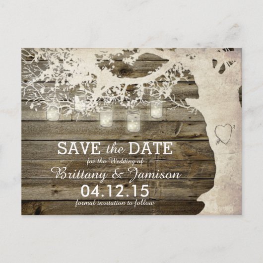 Mason Jar String Lights Rustic Tree Save the Date Aankondigingskaart (Voorkant)