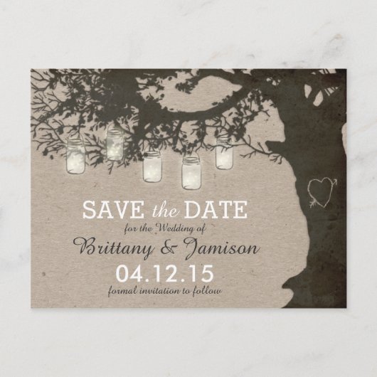 Mason Jar String Lights Rustic Tree Save the Date Aankondigingskaart (Voorkant)