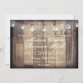 Mason Jar String Lights Rustic Wood Wedding Invite Kaart (Voorkant)