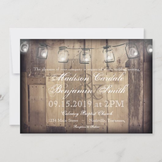 Mason Jar String Lights Rustic Wood Wedding Invite Kaart (Voorkant)