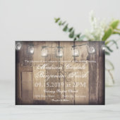 Mason Jar String Lights Rustic Wood Wedding Invite Kaart (Staand voorkant)