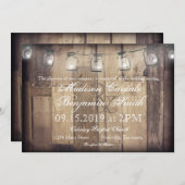 Mason Jar String Lights Rustic Wood Wedding Invite Kaart (Voorkant / Achterkant)