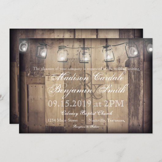Mason Jar String Lights Rustic Wood Wedding Invite Kaart (Voorkant / Achterkant)