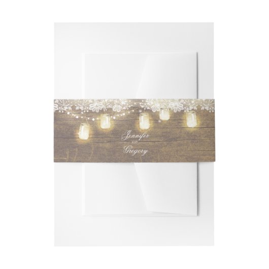 Mason Jar String Lights Rustiek Hout Lace Wedding Uitnodigingen Wikkel (Voorkant Voorbeeld)